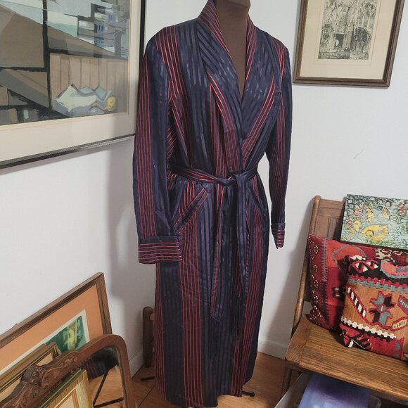 Vintage Men's Hugh Hefner Style Striped Satin Dressing Gown